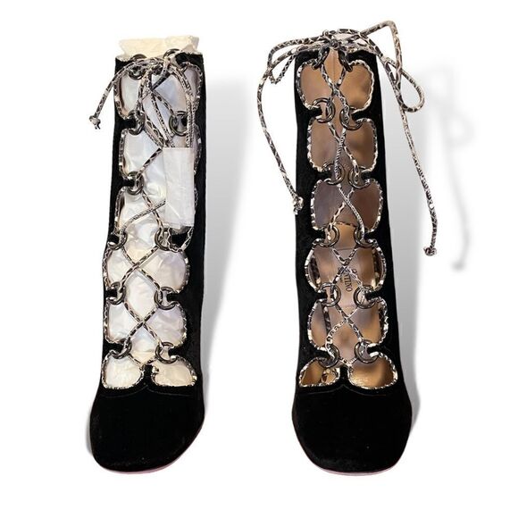 VALENTINO Black Velvet with Snake Skin Trim Lace up Ankle Booties - Picture 14 of 14